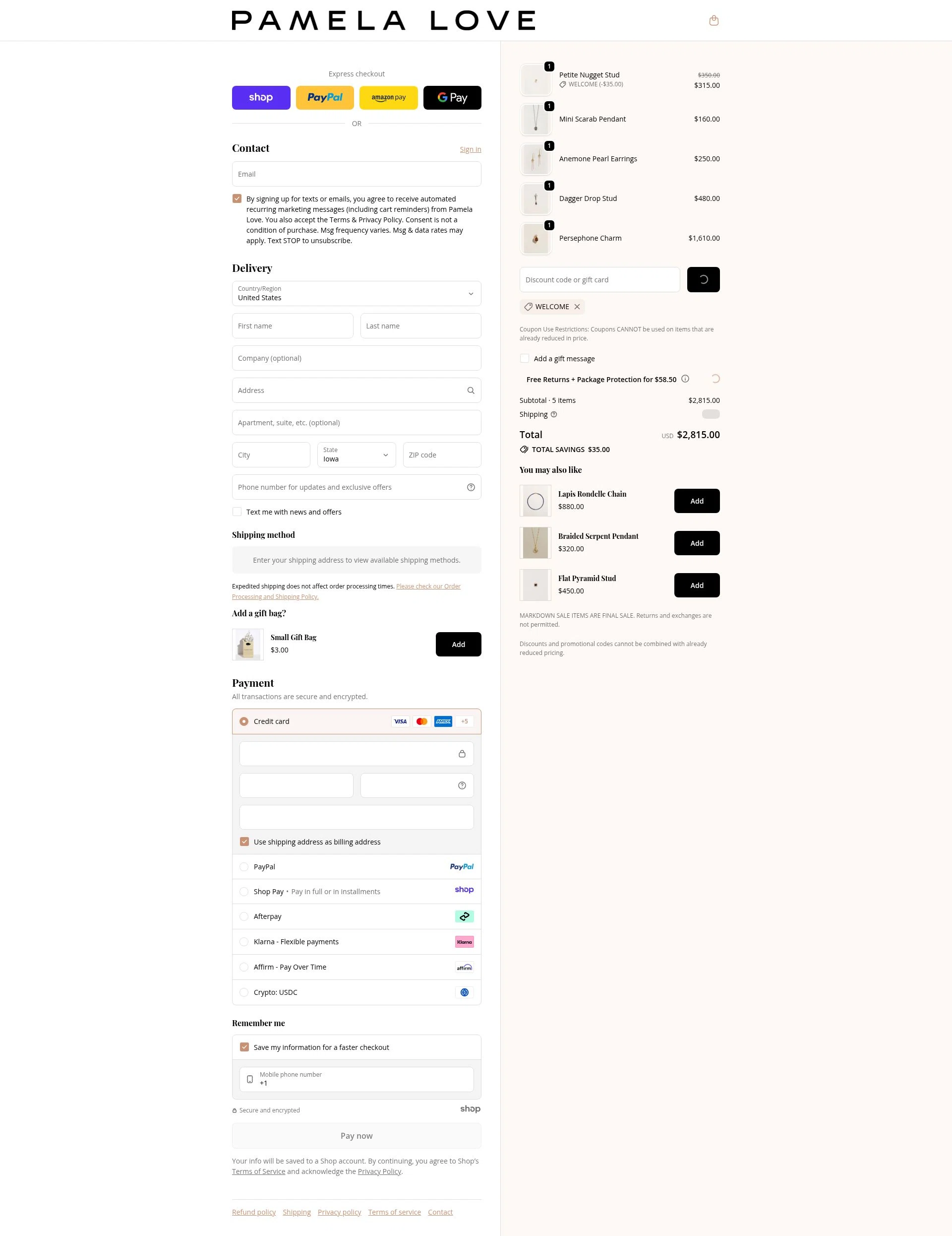Pamela Love checkout page showing Pamela Love discount code box | Screenshot taken by SimplyCodes community member on Dec 17, 2025