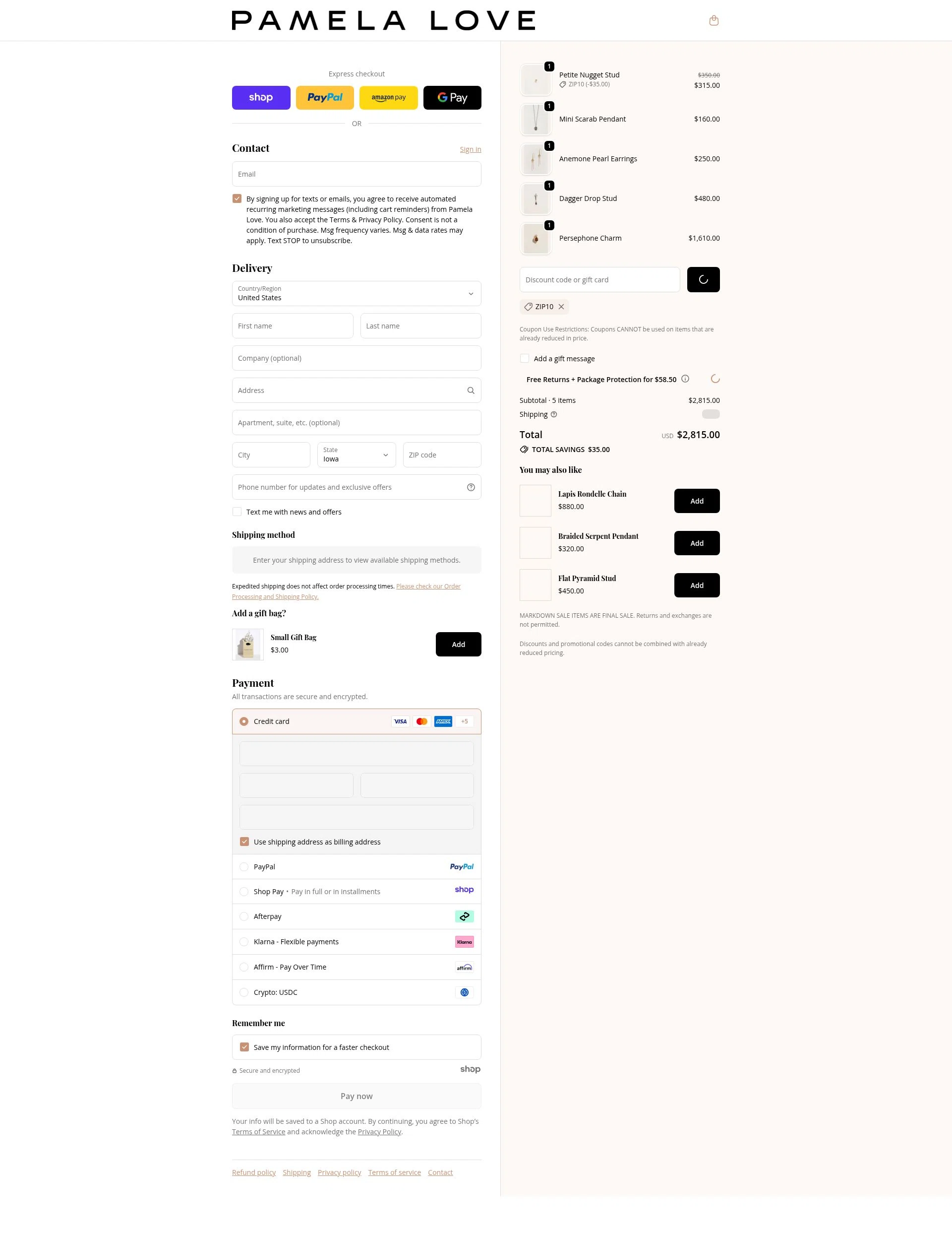Pamela Love checkout page showing Pamela Love discount code box | Screenshot taken by SimplyCodes community member on Dec 17, 2025