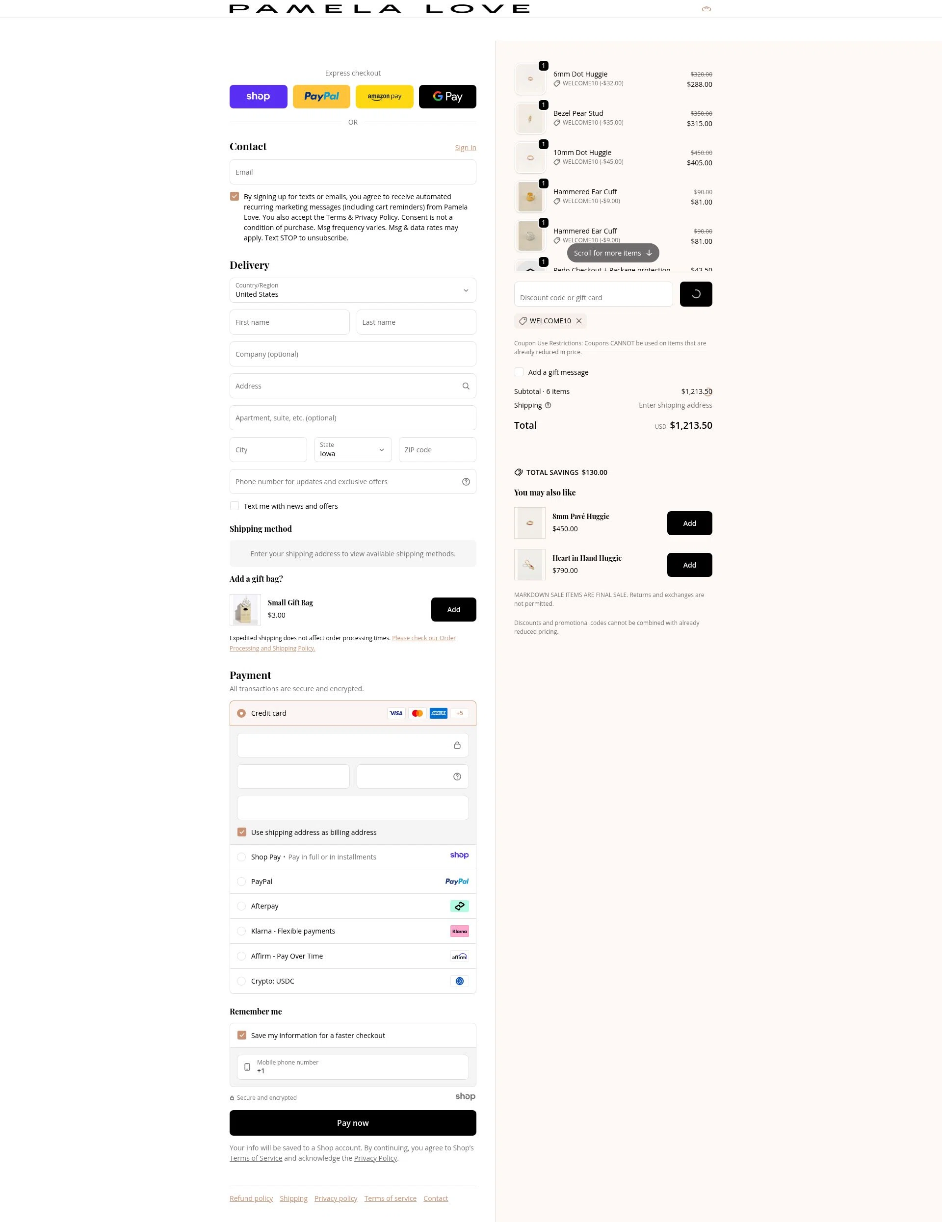 Pamela Love checkout page showing Pamela Love discount code box | Screenshot taken by SimplyCodes community member on Dec 23, 2025