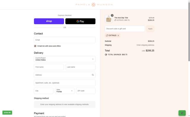 Pamela Munson checkout page showing Pamela Munson promo code box | Screenshot taken by SimplyCodes community member on Aug 30, 2025