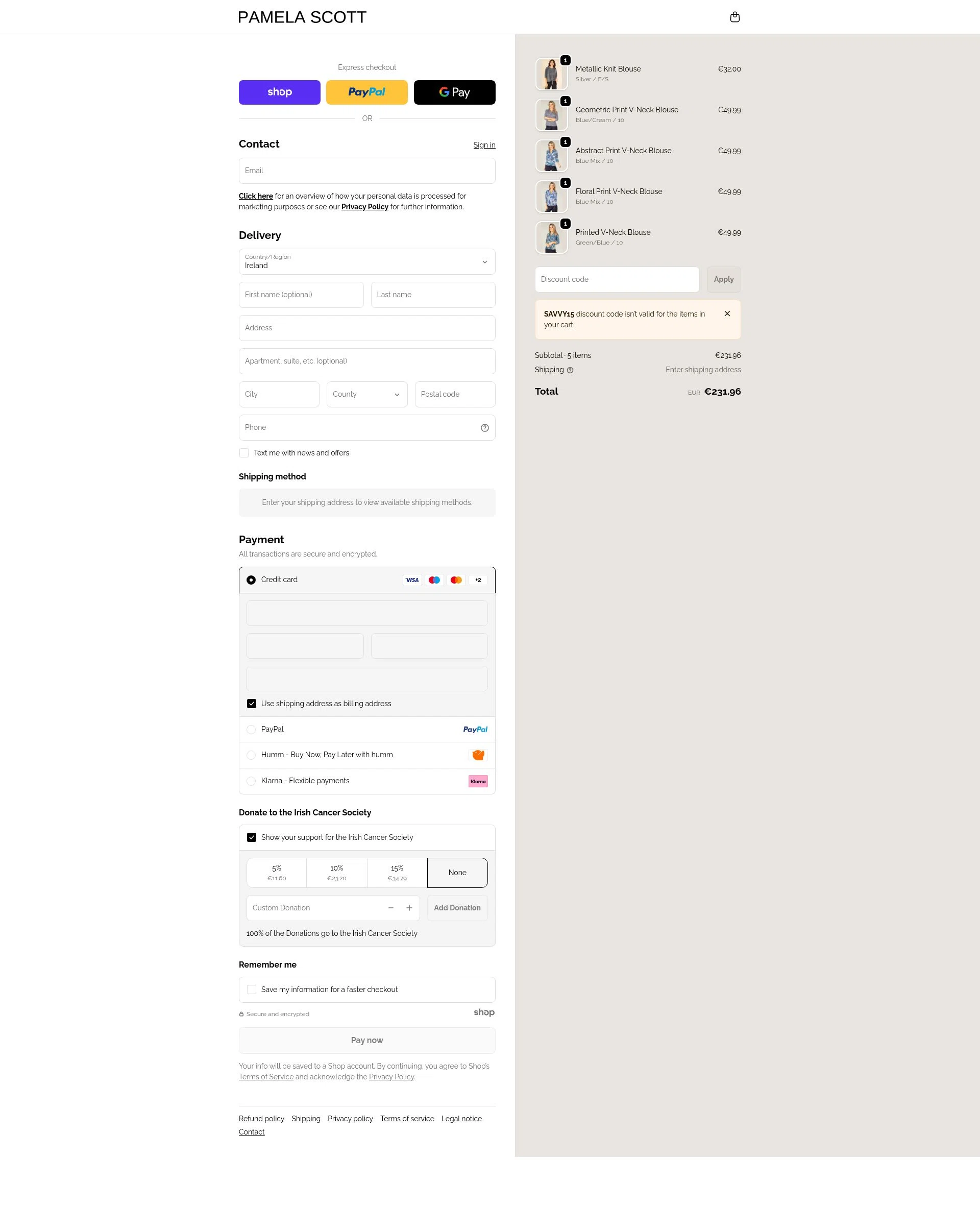 Pamela Scott checkout page showing Pamela Scott discount code box | Screenshot taken by SimplyCodes community member on Jan 1, 2026
