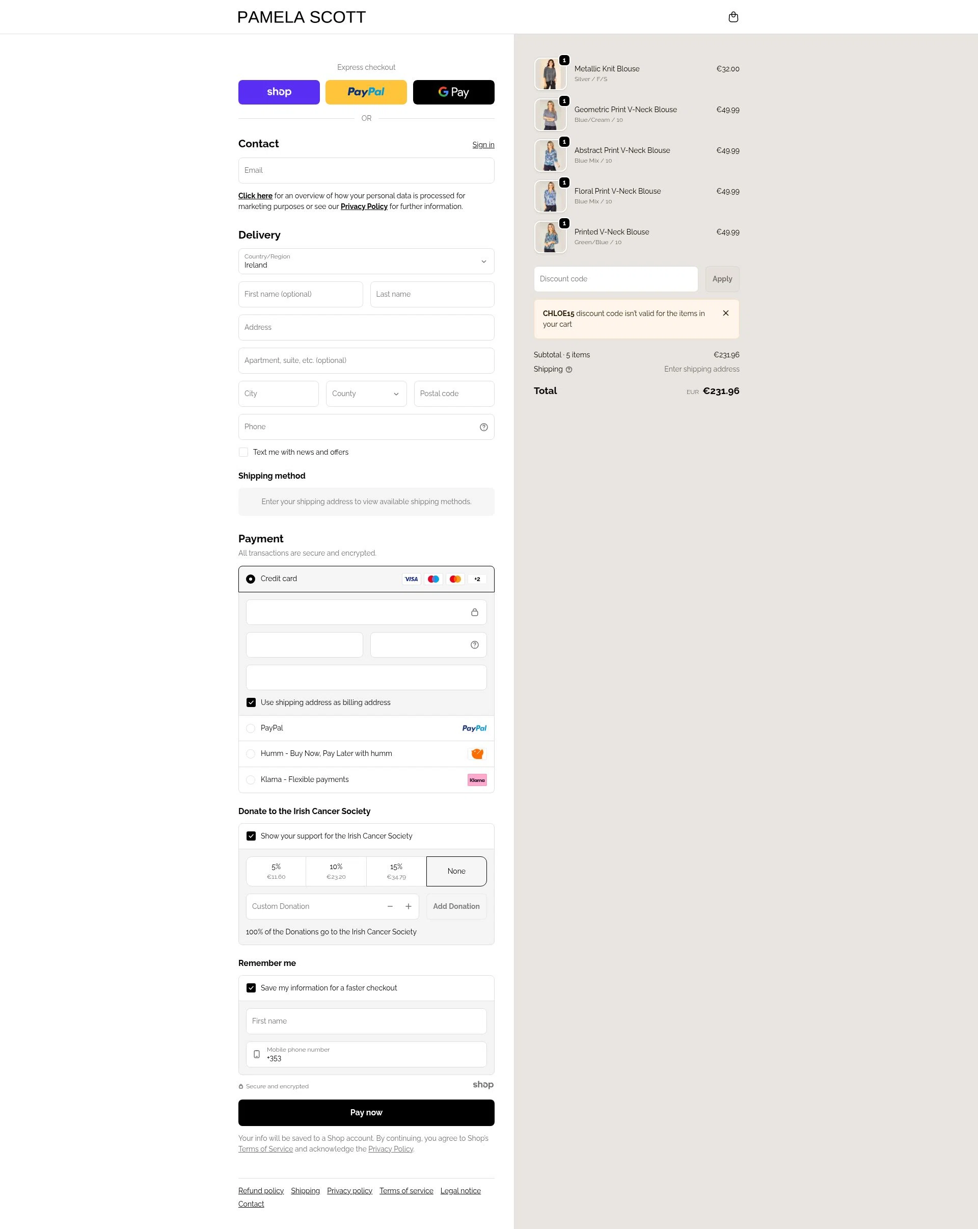 Pamela Scott checkout page showing Pamela Scott discount code box | Screenshot taken by SimplyCodes community member on Jan 1, 2026