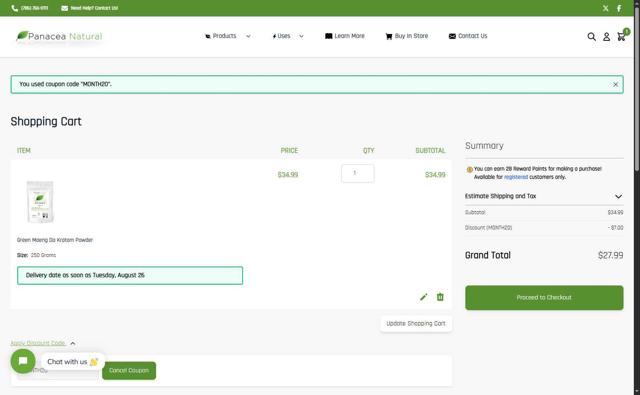 Panacea Natural checkout page showing Panacea Natural promo code box | Screenshot taken by SimplyCodes community member on Aug 23, 2025