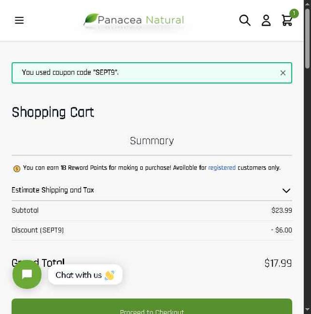 Panacea Natural checkout page showing Panacea Natural promo code box | Screenshot taken by SimplyCodes community member on Sep 9, 2025