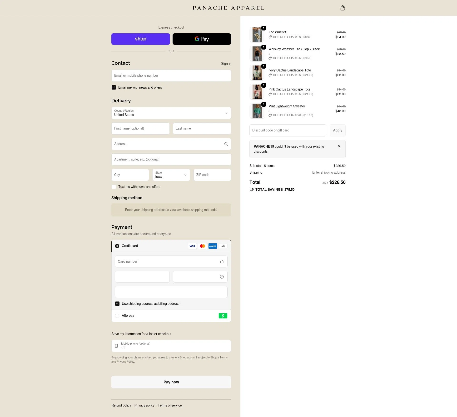 Panache Apparel checkout page showing Panache Apparel discount code box | Screenshot taken by SimplyCodes community member on Feb 9, 2026