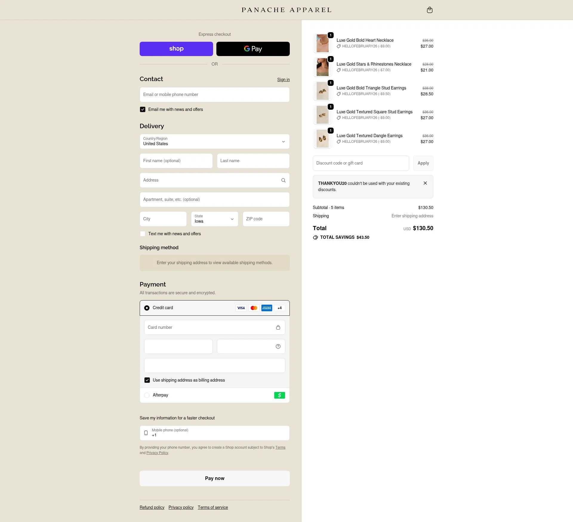 Panache Apparel checkout page showing Panache Apparel discount code box | Screenshot taken by SimplyCodes community member on Feb 4, 2026