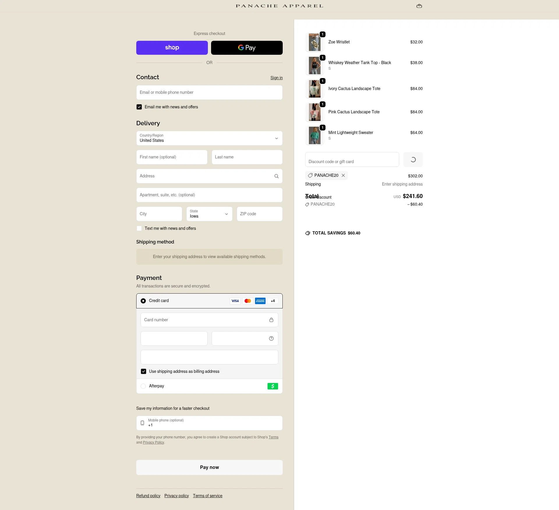 Panache Apparel checkout page showing Panache Apparel discount code box | Screenshot taken by SimplyCodes community member on Feb 13, 2026