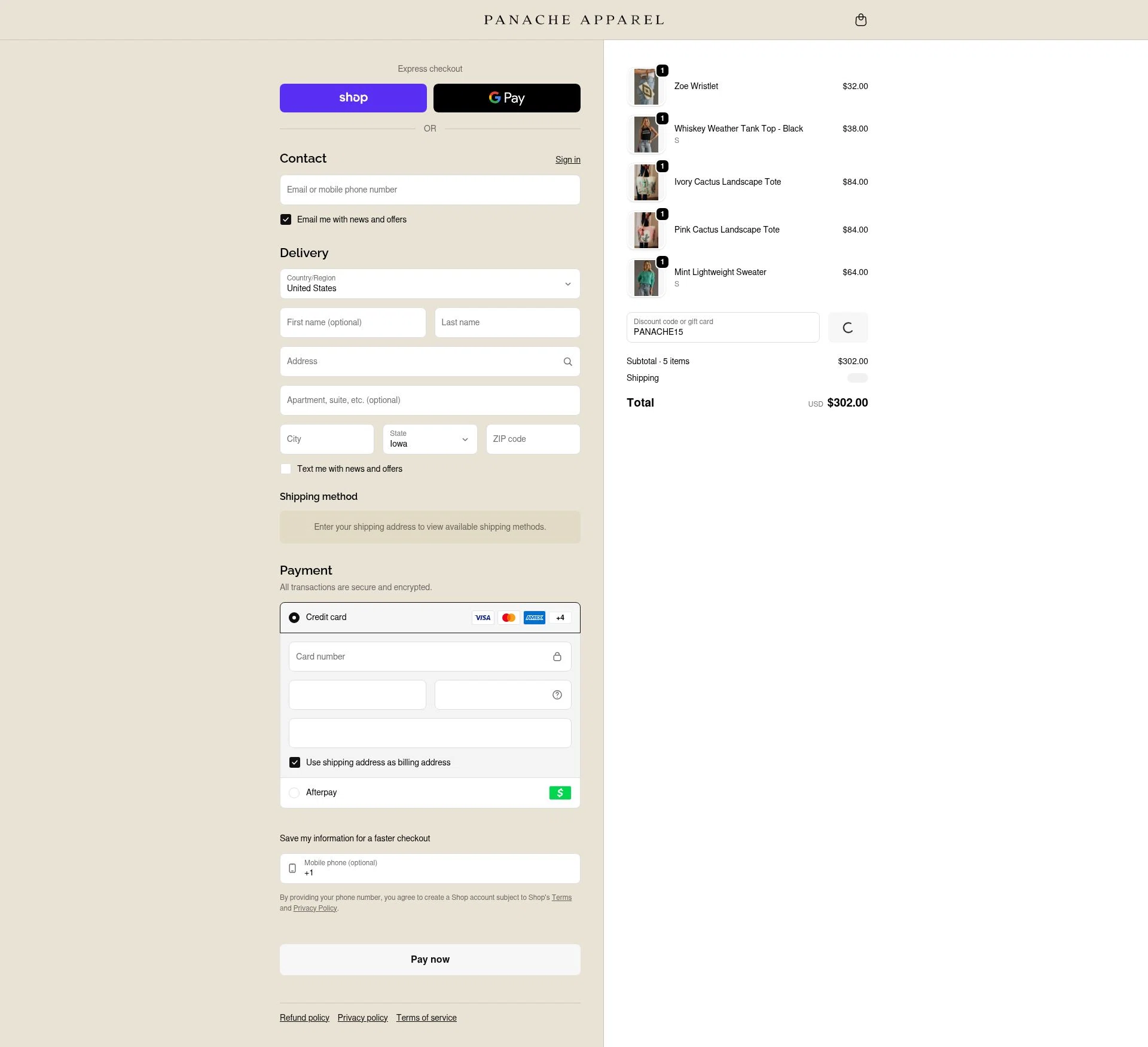 Panache Apparel checkout page showing Panache Apparel discount code box | Screenshot taken by SimplyCodes community member on Feb 13, 2026