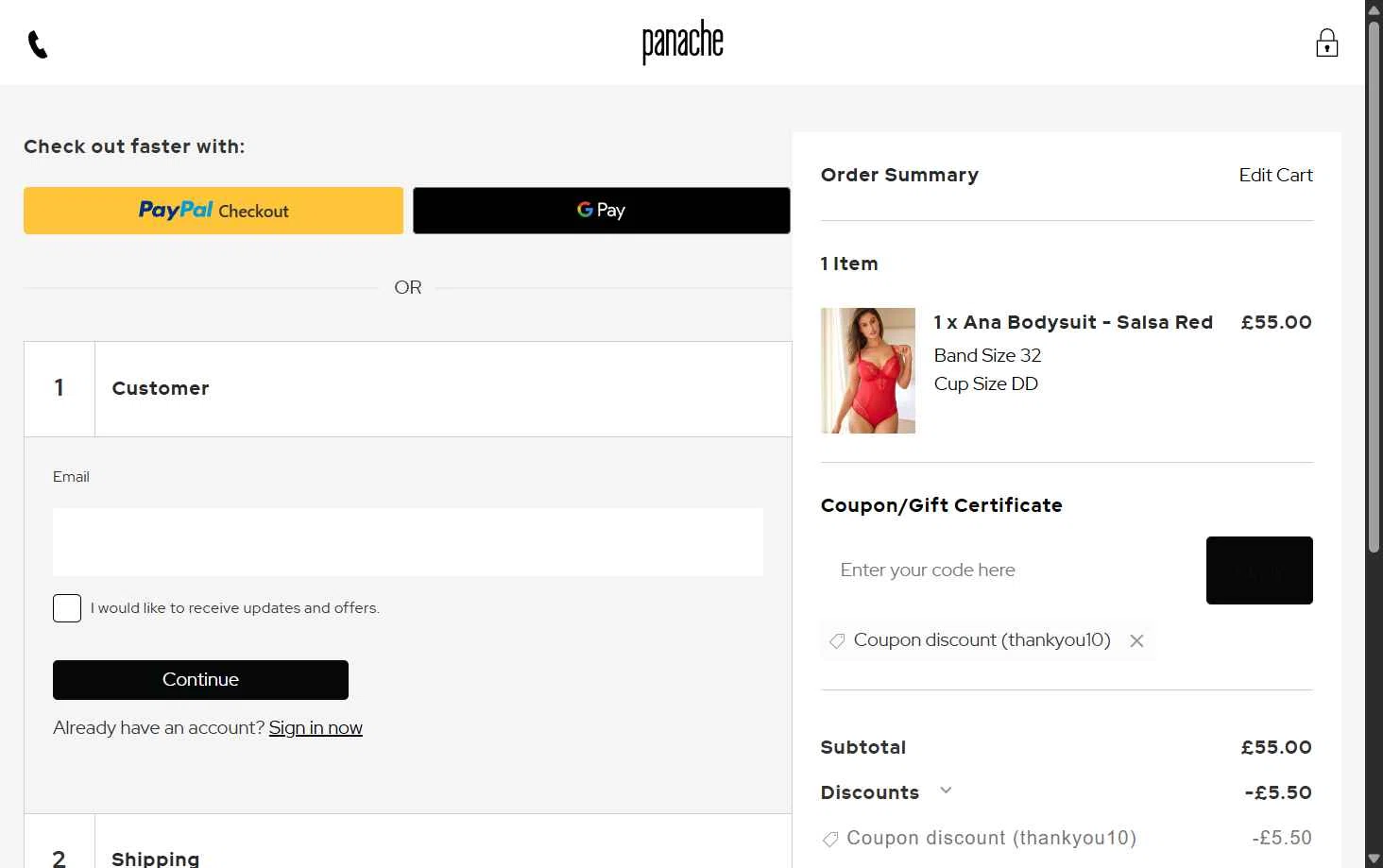 Panache Lingerie checkout page showing Panache Lingerie discount code box | Screenshot taken by SimplyCodes community member on Jan 23, 2026