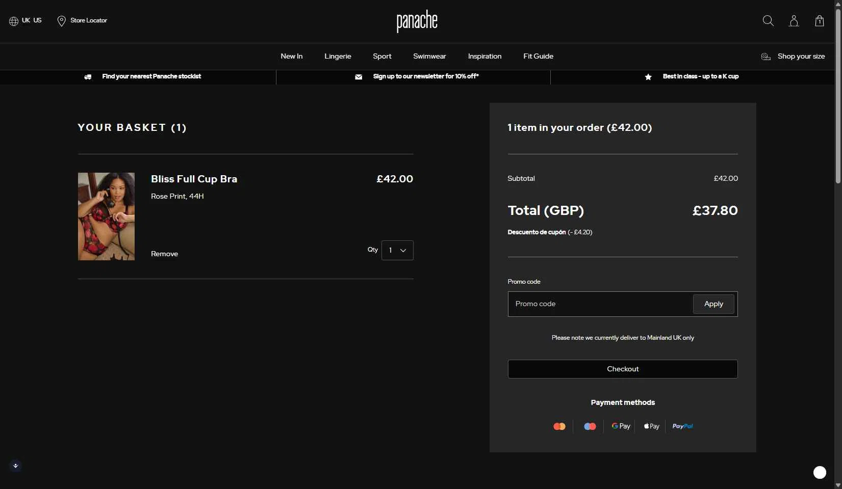 Panache Lingerie checkout page showing Panache Lingerie discount code box | Screenshot taken by SimplyCodes community member on Nov 9, 2025