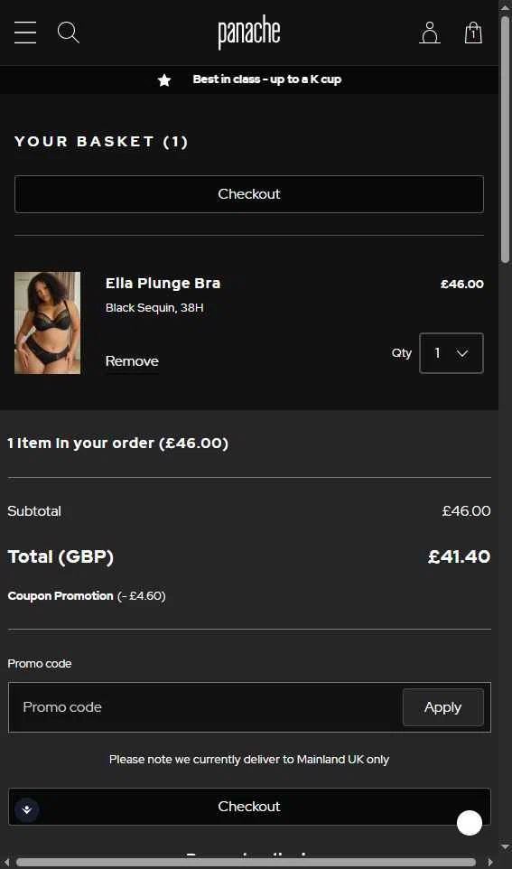 Panache Lingerie checkout page showing Panache Lingerie discount code box | Screenshot taken by SimplyCodes community member on Dec 10, 2025