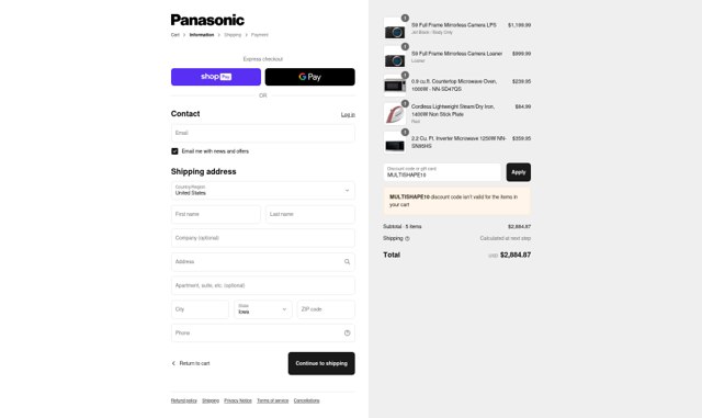 Panasonic checkout page showing Panasonic discount code box | Screenshot taken by SimplyCodes community member on Aug 16, 2025