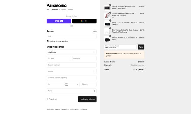 Panasonic checkout page showing Panasonic discount code box | Screenshot taken by SimplyCodes community member on Aug 13, 2025