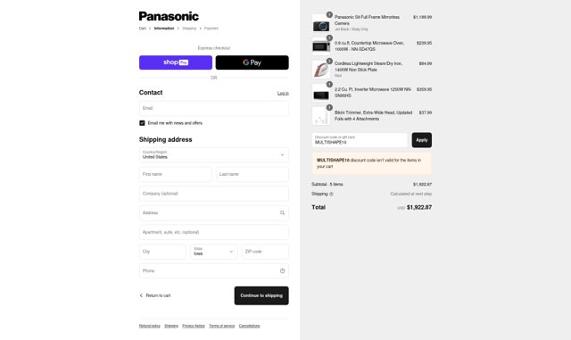 Panasonic checkout page showing Panasonic discount code box | Screenshot taken by SimplyCodes community member on Aug 27, 2025