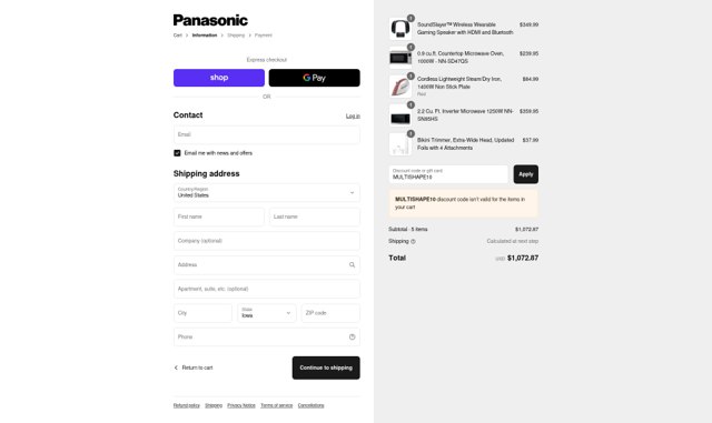 Panasonic checkout page showing Panasonic discount code box | Screenshot taken by SimplyCodes community member on Aug 31, 2025