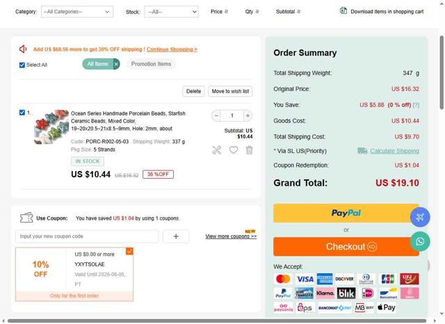 PandaHall.com checkout page showing PandaHall.com coupon code box | Screenshot taken by SimplyCodes community member on Sep 6, 2025