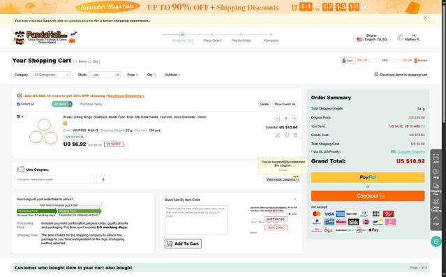 PandaHall.com checkout page showing PandaHall.com coupon code box | Screenshot taken by SimplyCodes community member on Sep 12, 2025