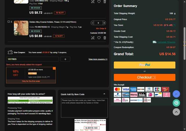 PandaHall.com checkout page showing PandaHall.com coupon code box | Screenshot taken by SimplyCodes community member on Aug 14, 2025