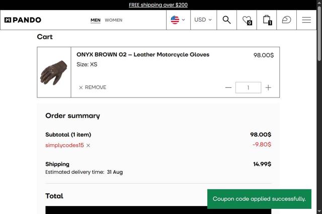 Pando Moto checkout page showing Pando Moto promo code box | Screenshot taken by SimplyCodes community member on Aug 26, 2025