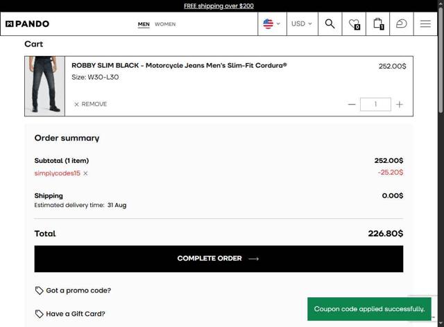 Pando Moto checkout page showing Pando Moto promo code box | Screenshot taken by SimplyCodes community member on Aug 26, 2025