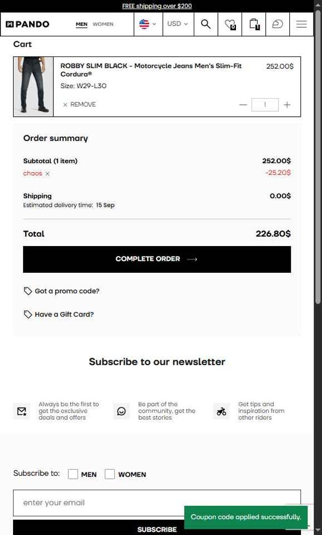 Pando Moto checkout page showing Pando Moto promo code box | Screenshot taken by SimplyCodes community member on Sep 10, 2025