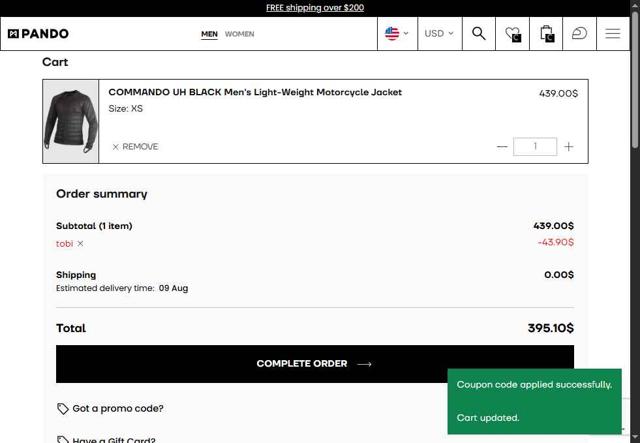 Pando Moto checkout page showing Pando Moto promo code box | Screenshot taken by SimplyCodes community member on Aug 4, 2025