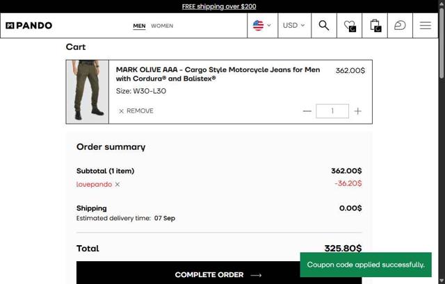 Pando Moto checkout page showing Pando Moto promo code box | Screenshot taken by SimplyCodes community member on Sep 2, 2025