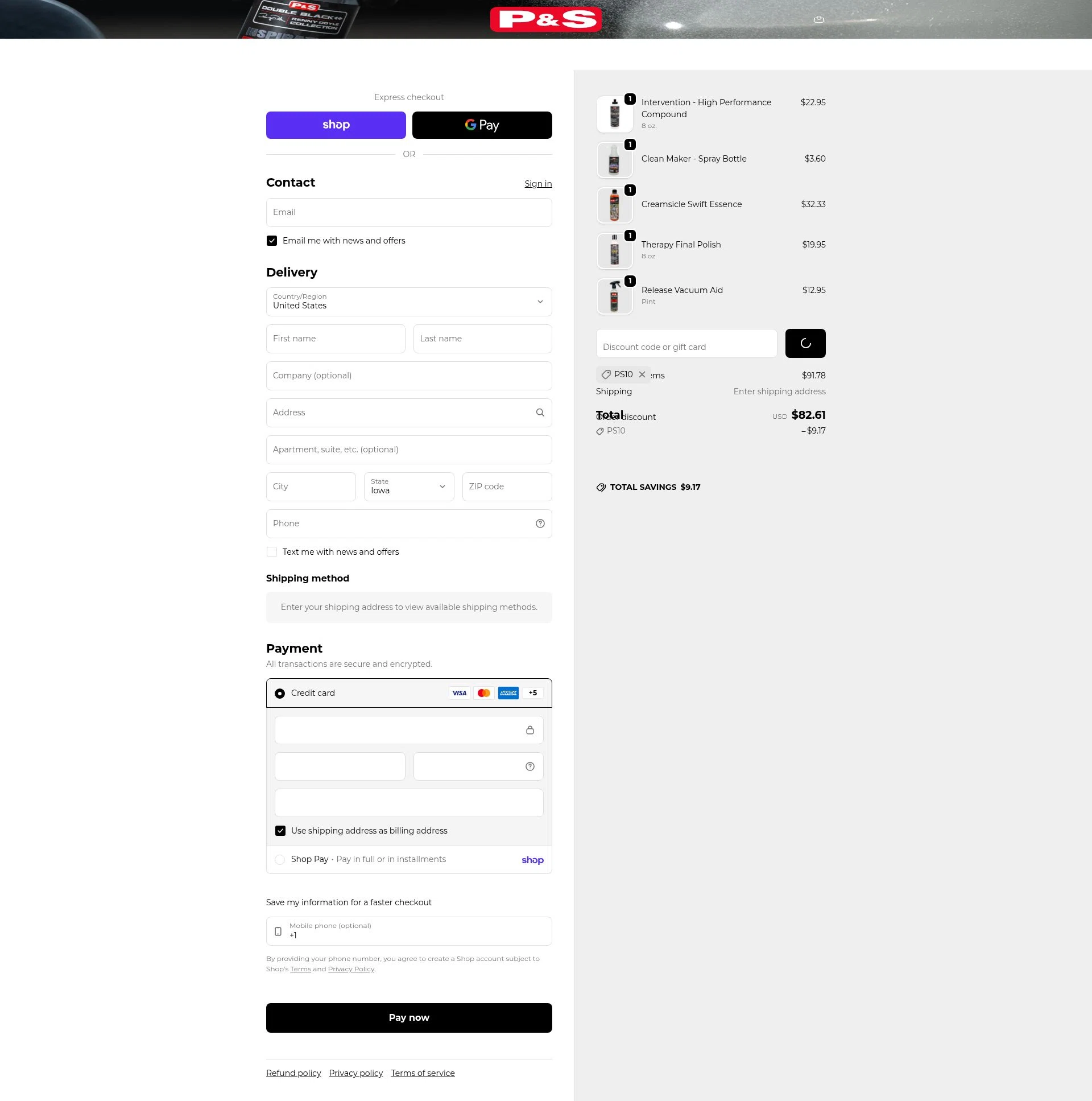 P&S Detail Products checkout page showing P&S Detail Products promo code box | Screenshot taken by SimplyCodes community member on Feb 11, 2026