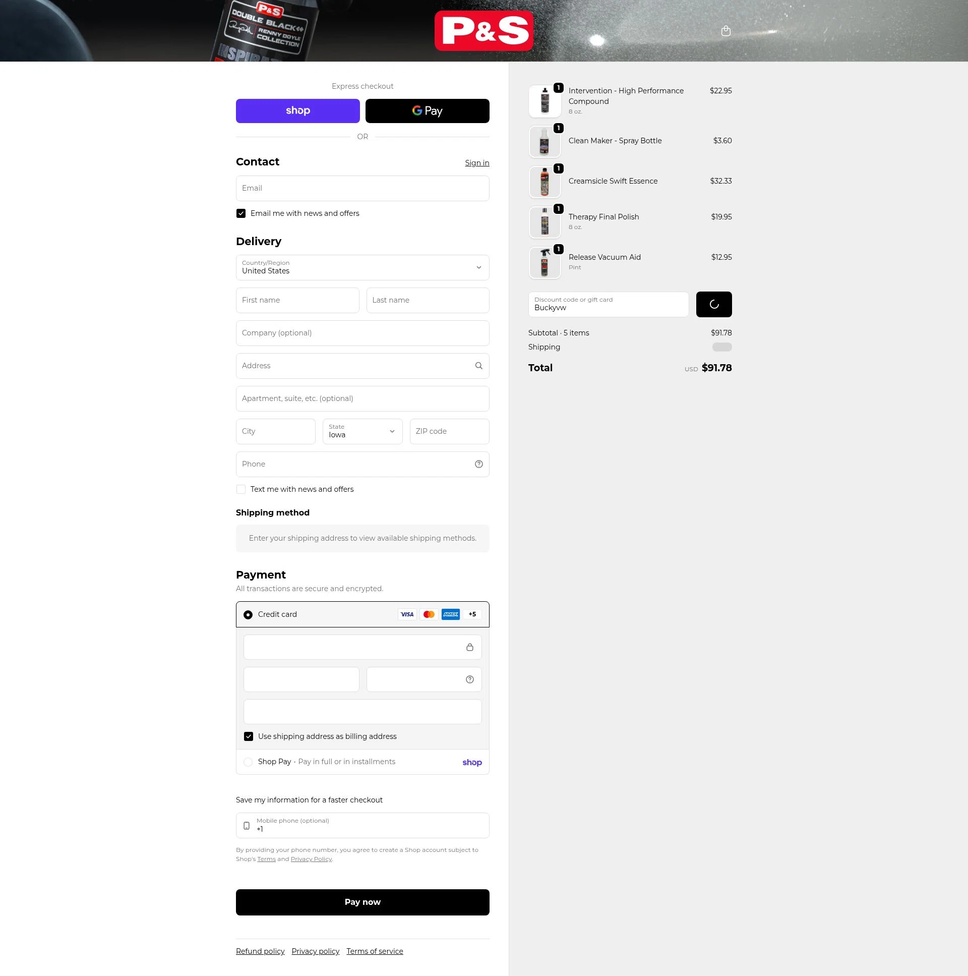 P&S Detail Products checkout page showing P&S Detail Products promo code box | Screenshot taken by SimplyCodes community member on Feb 11, 2026