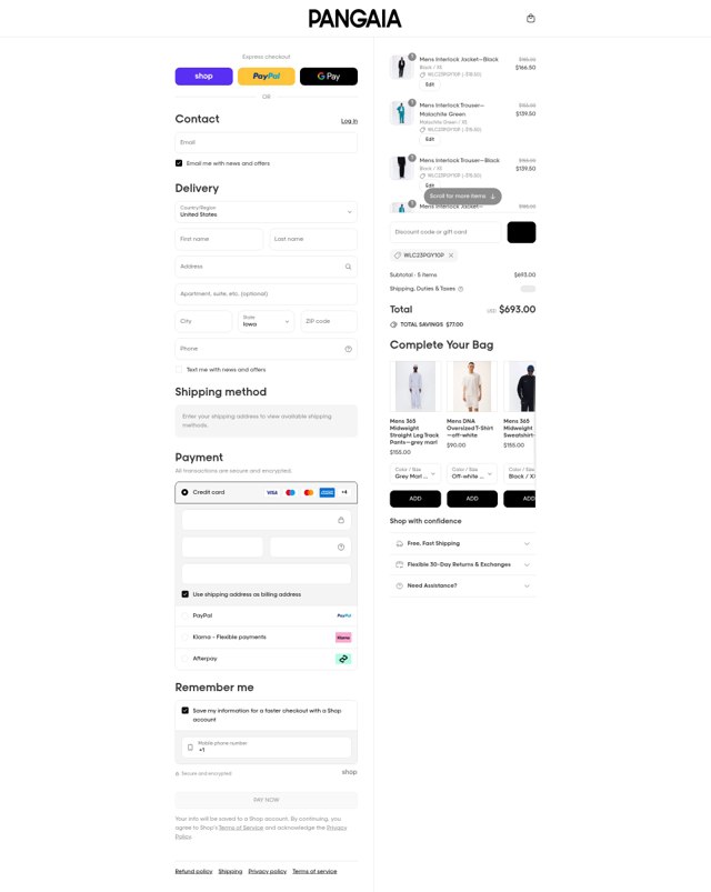 PANGAIA checkout page showing PANGAIA discount code box | Screenshot taken by SimplyCodes community member on Aug 29, 2025