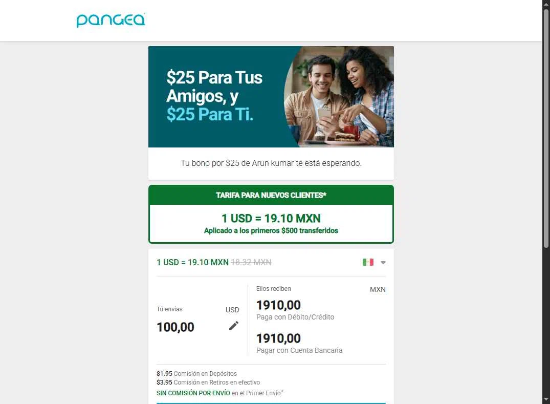 Pangea Money Transfer checkout page showing Pangea Money Transfer promo code box | Screenshot taken by SimplyCodes community member on Aug 16, 2025