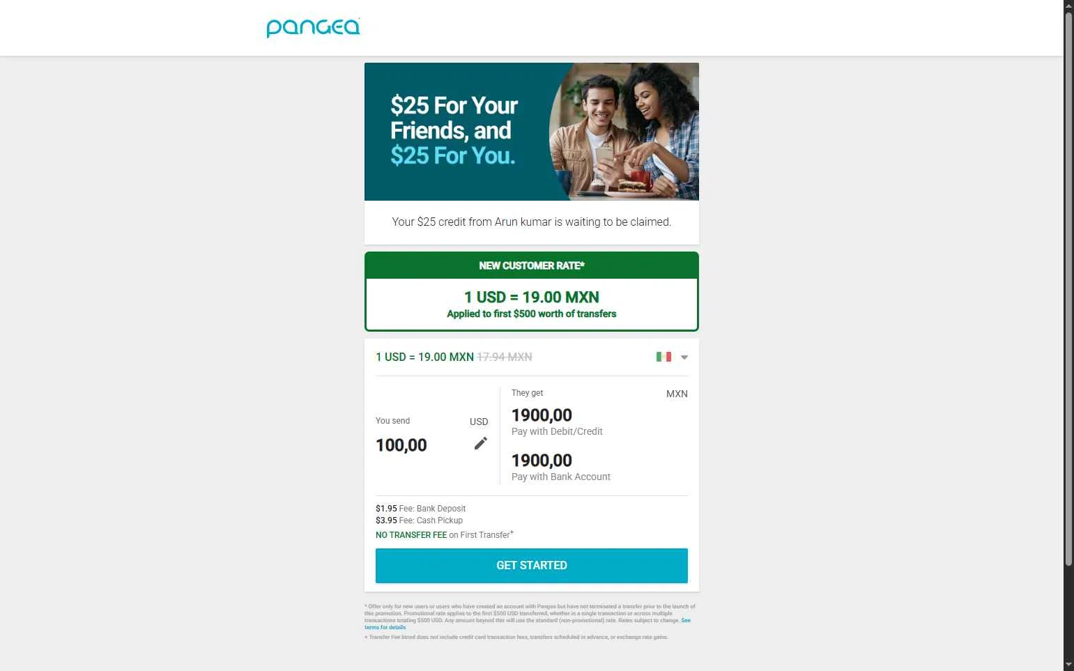Pangea Money Transfer checkout page showing Pangea Money Transfer promo code box | Screenshot taken by SimplyCodes community member on Sep 15, 2025