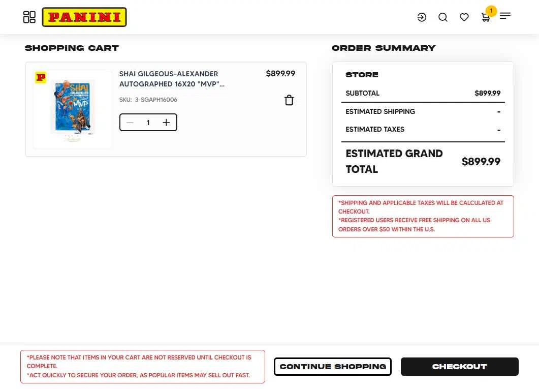 Panini America checkout page showing Panini America promo code box | Screenshot taken by SimplyCodes community member on Dec 6, 2025