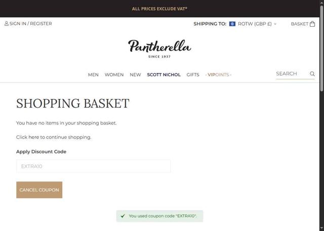 Pantherella checkout page showing Pantherella discount code box | Screenshot taken by SimplyCodes community member on Aug 6, 2025