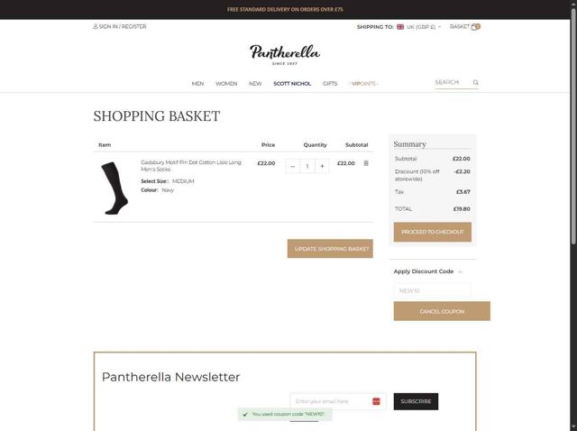 Pantherella checkout page showing Pantherella discount code box | Screenshot taken by SimplyCodes community member on Sep 4, 2025