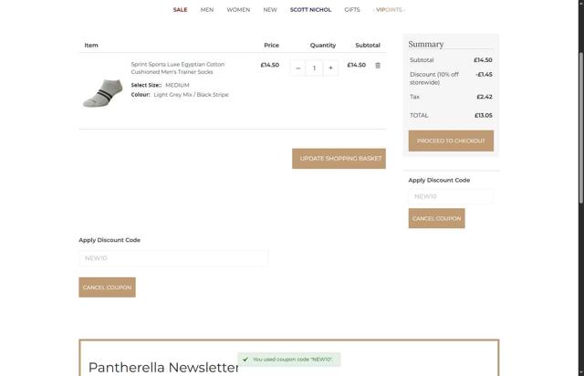 Pantherella checkout page showing Pantherella discount code box | Screenshot taken by SimplyCodes community member on Jul 12, 2025
