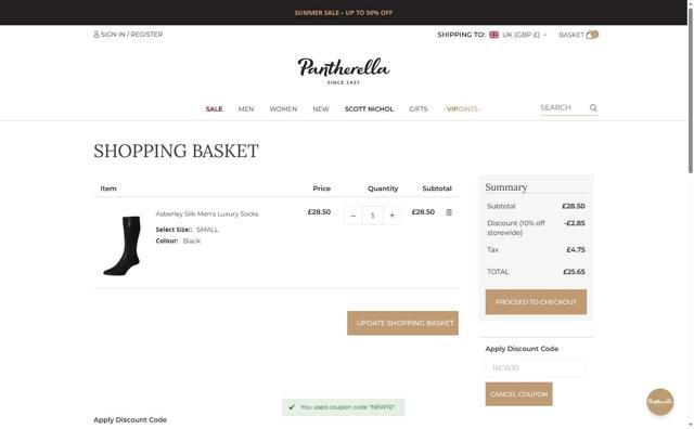 Pantherella checkout page showing Pantherella discount code box | Screenshot taken by SimplyCodes community member on Jul 12, 2025