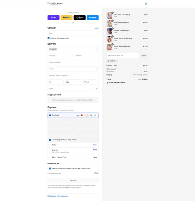 Panties.com checkout page showing Panties.com promo code box | Screenshot taken by SimplyCodes community member on Sep 4, 2025