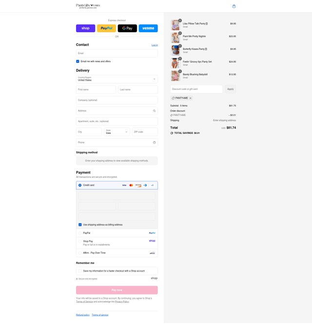 Panties.com checkout page showing Panties.com promo code box | Screenshot taken by SimplyCodes community member on Sep 4, 2025