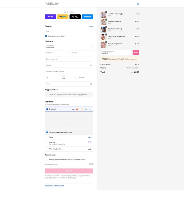 Panties.com checkout page showing Panties.com promo code box | Screenshot taken by SimplyCodes community member on Sep 4, 2025