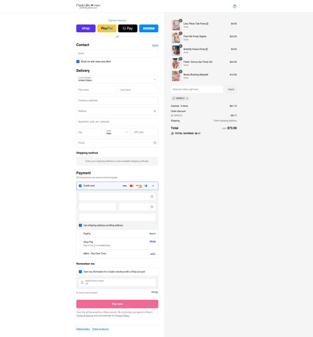 Panties.com checkout page showing Panties.com promo code box | Screenshot taken by SimplyCodes community member on Aug 31, 2025