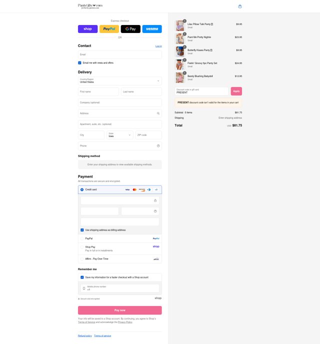 Panties.com checkout page showing Panties.com promo code box | Screenshot taken by SimplyCodes community member on Aug 31, 2025
