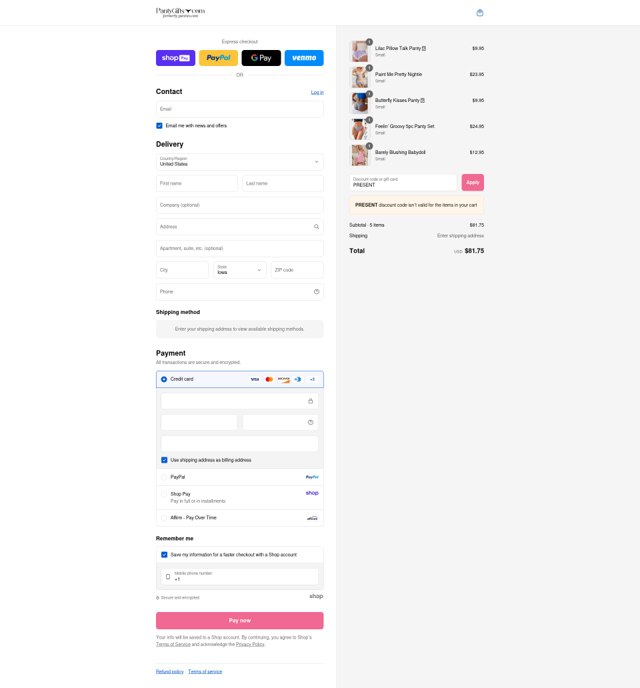 Panties.com checkout page showing Panties.com promo code box | Screenshot taken by SimplyCodes community member on Aug 27, 2025