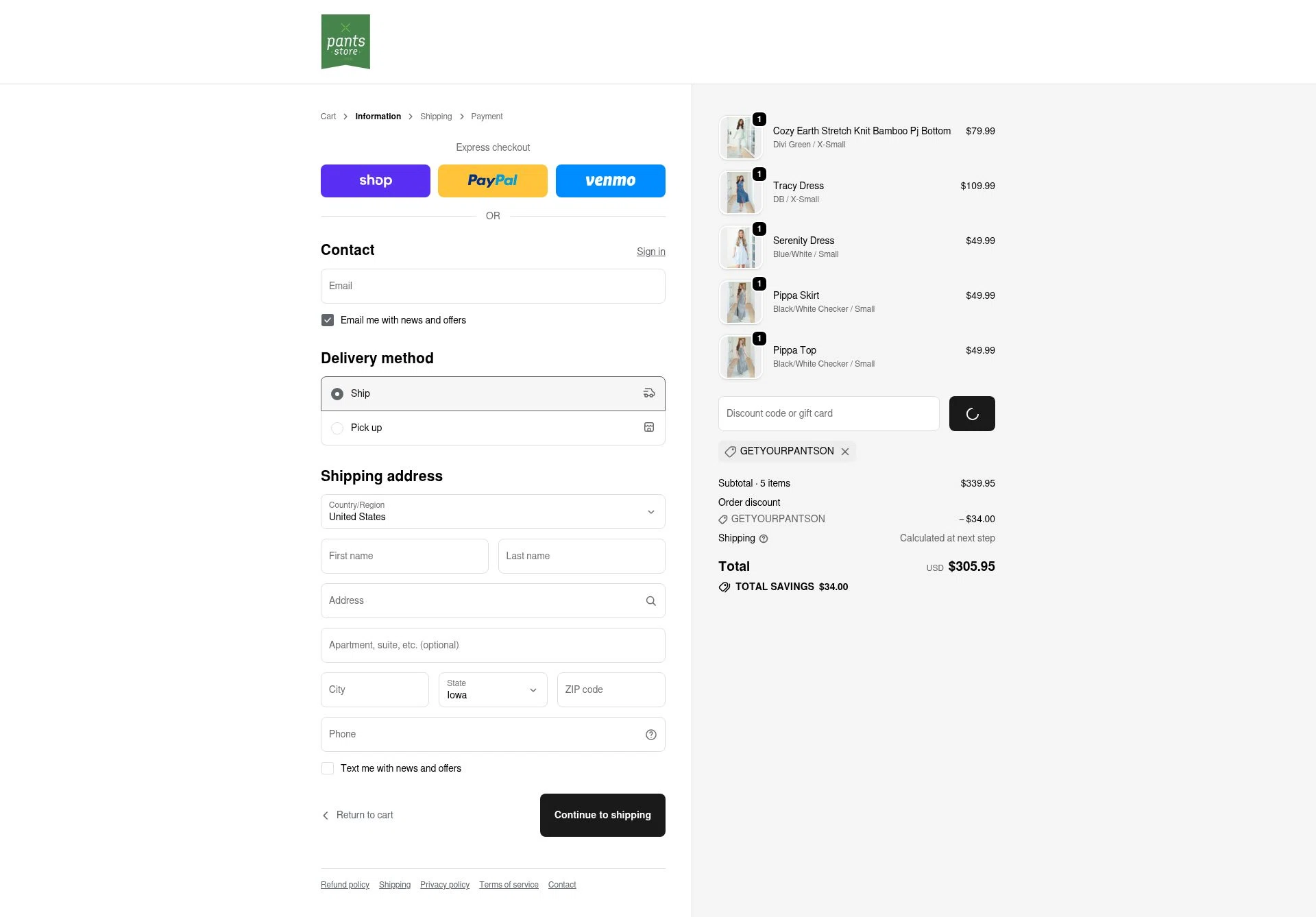 Pants Store checkout page showing Pants Store discount code box | Screenshot taken by SimplyCodes community member on Feb 18, 2026