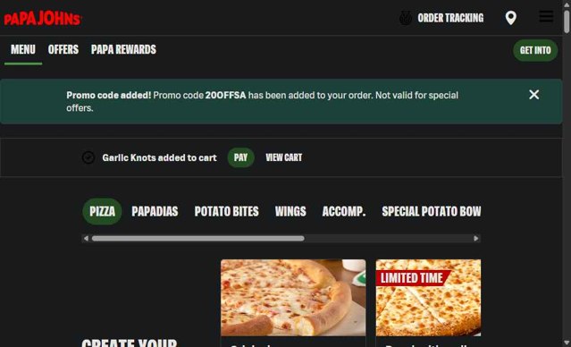 Papa John's checkout page showing Papa John's promo code box | Screenshot taken by SimplyCodes community member on Aug 23, 2025