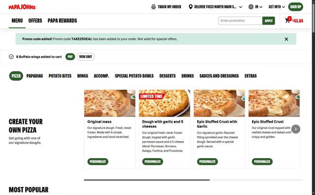 Papa John's checkout page showing Papa John's promo code box | Screenshot taken by SimplyCodes community member on Aug 19, 2025