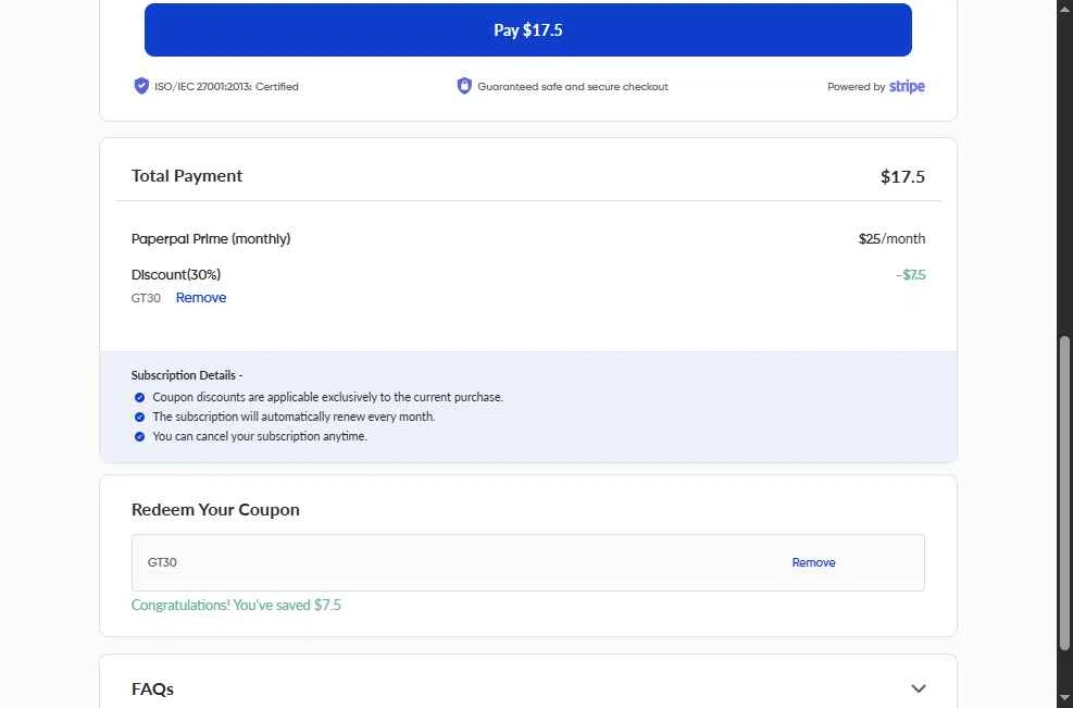 Paperpal checkout page showing Paperpal discount code box | Screenshot taken by SimplyCodes community member on Nov 27, 2025