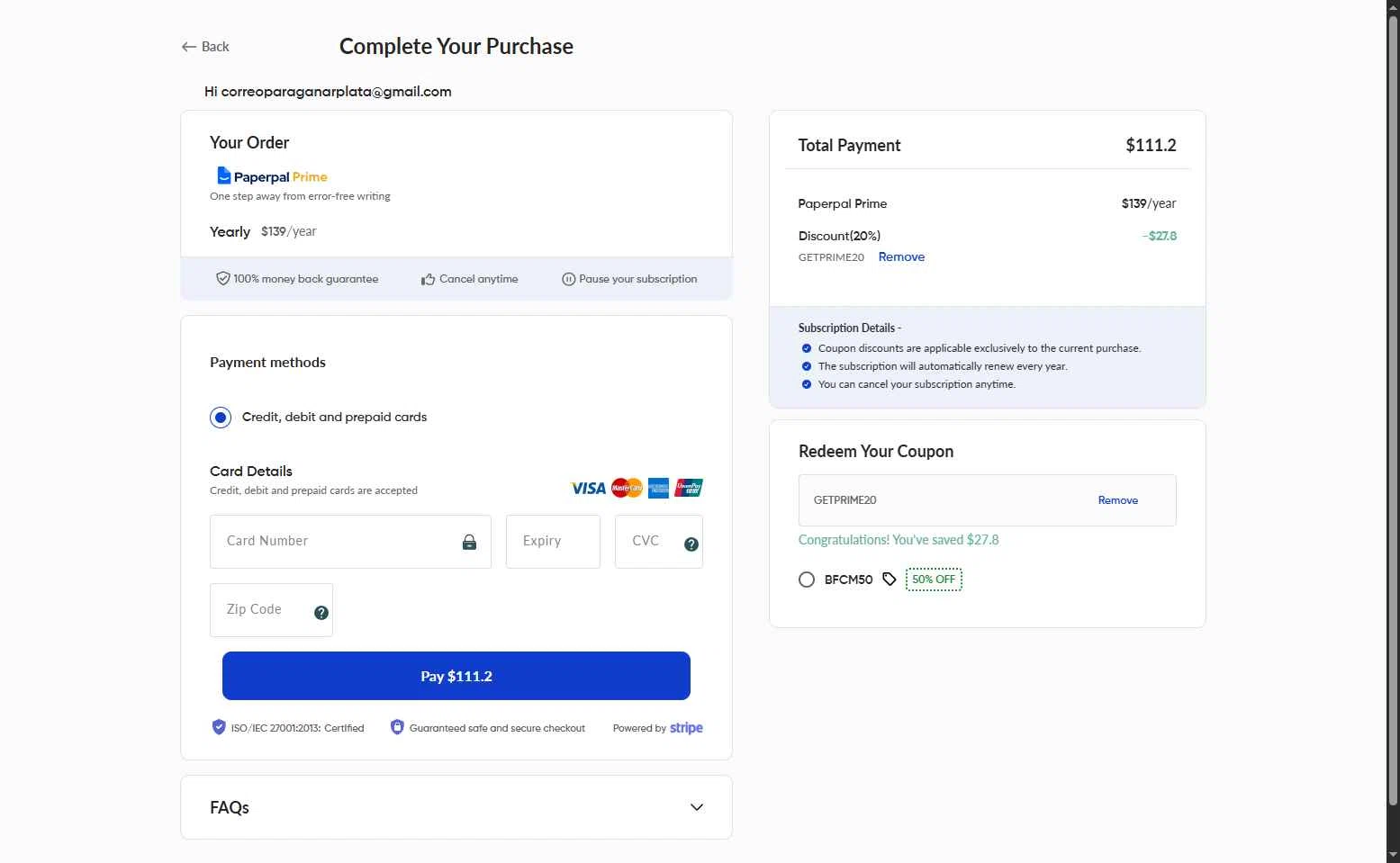 Paperpal checkout page showing Paperpal discount code box | Screenshot taken by SimplyCodes community member on Dec 2, 2025