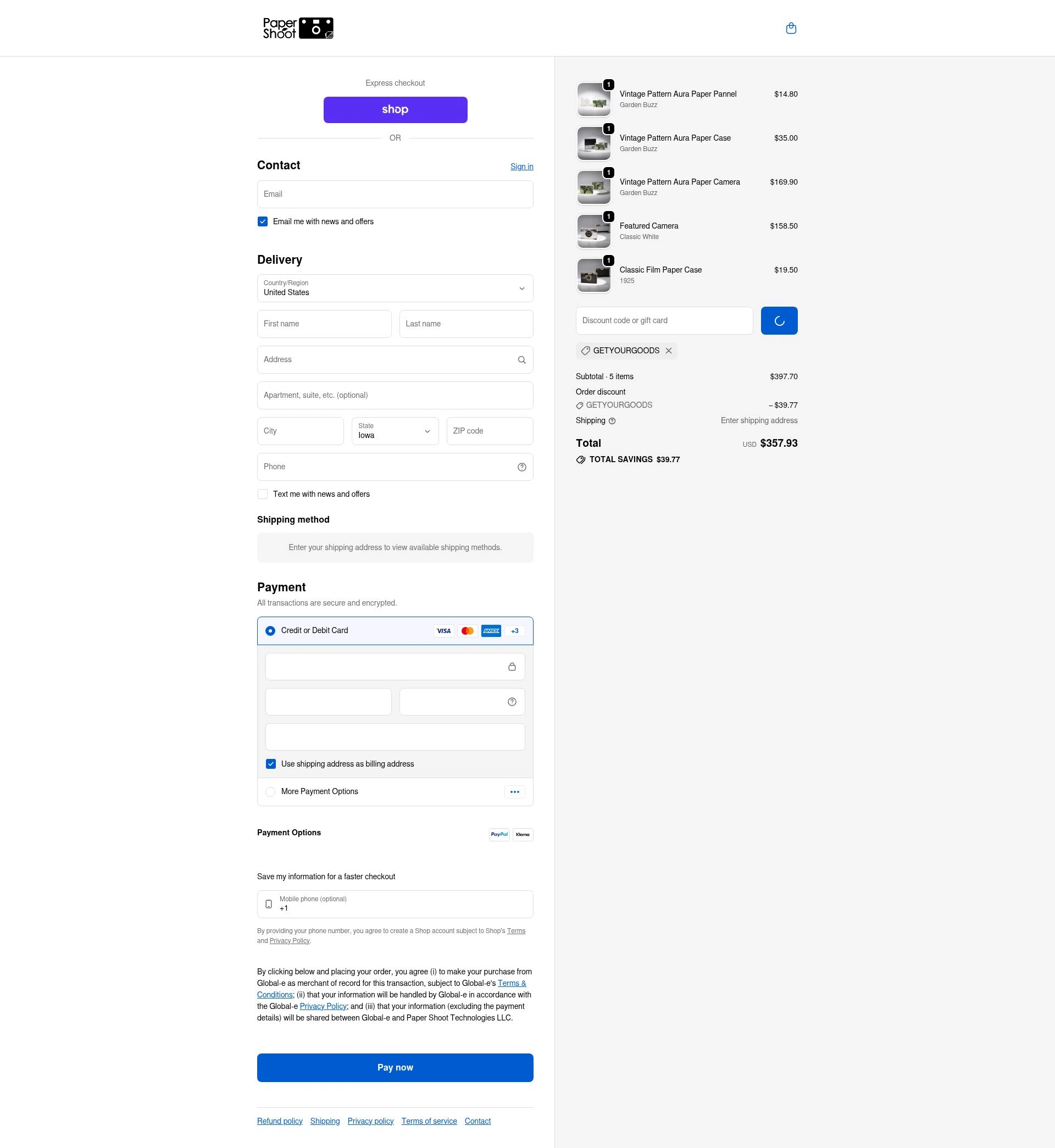 Paper Shoot checkout page showing Paper Shoot discount code box | Screenshot taken by SimplyCodes community member on Feb 9, 2026
