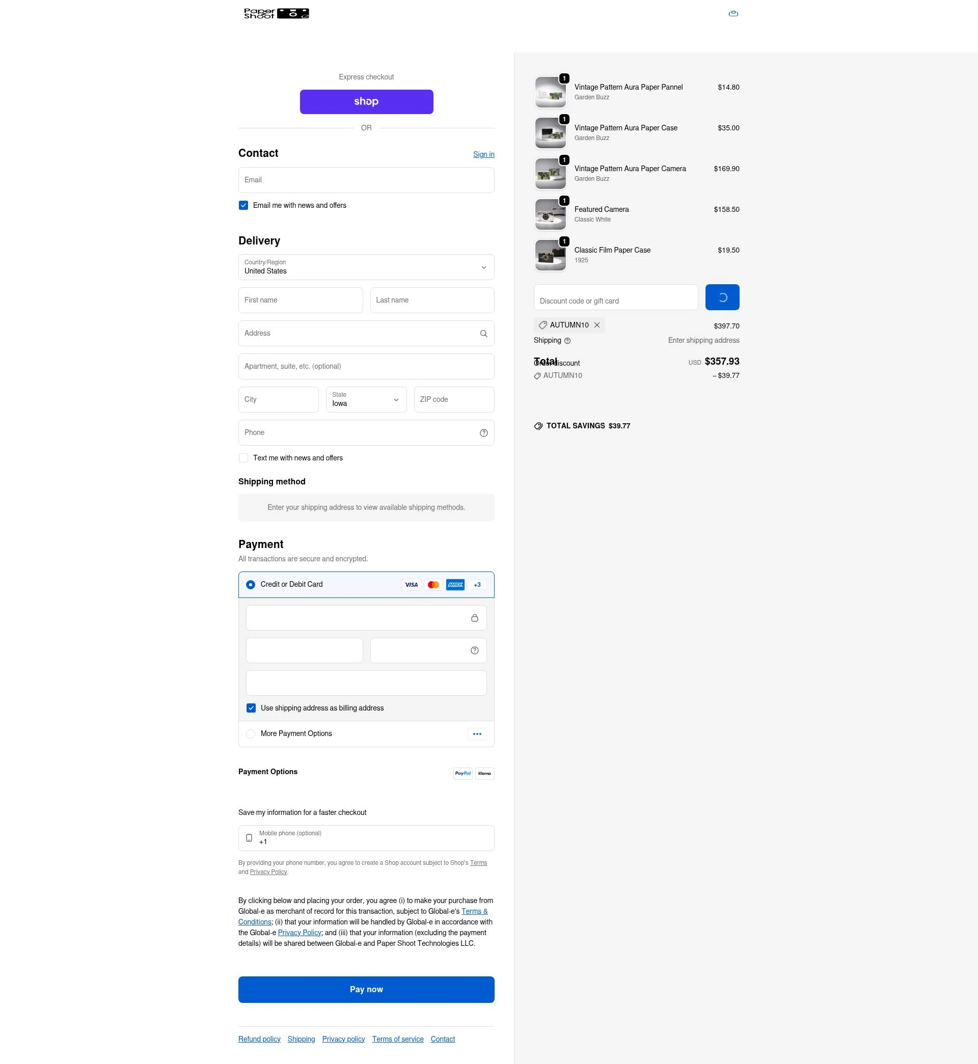 Paper Shoot checkout page showing Paper Shoot discount code box | Screenshot taken by SimplyCodes community member on Feb 1, 2026